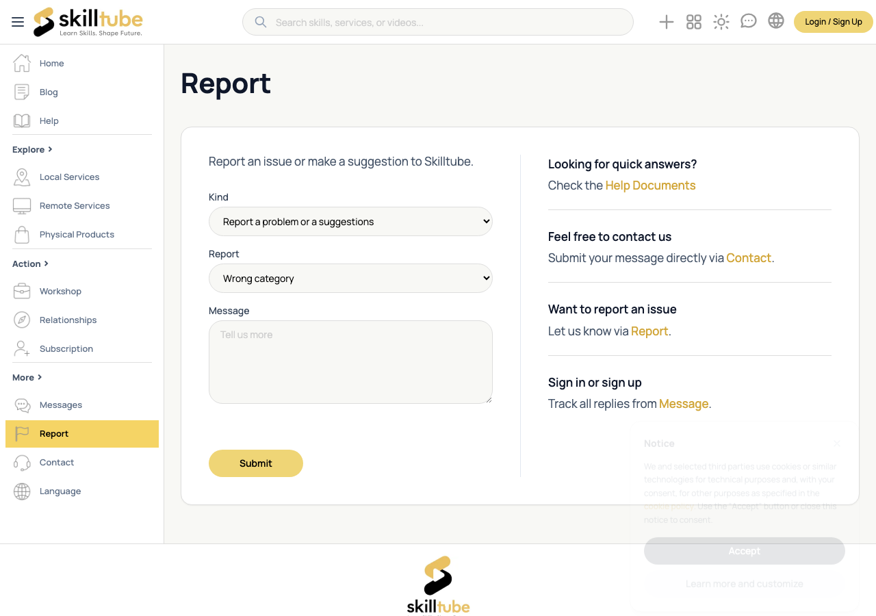 The Report page with report and ticket forms