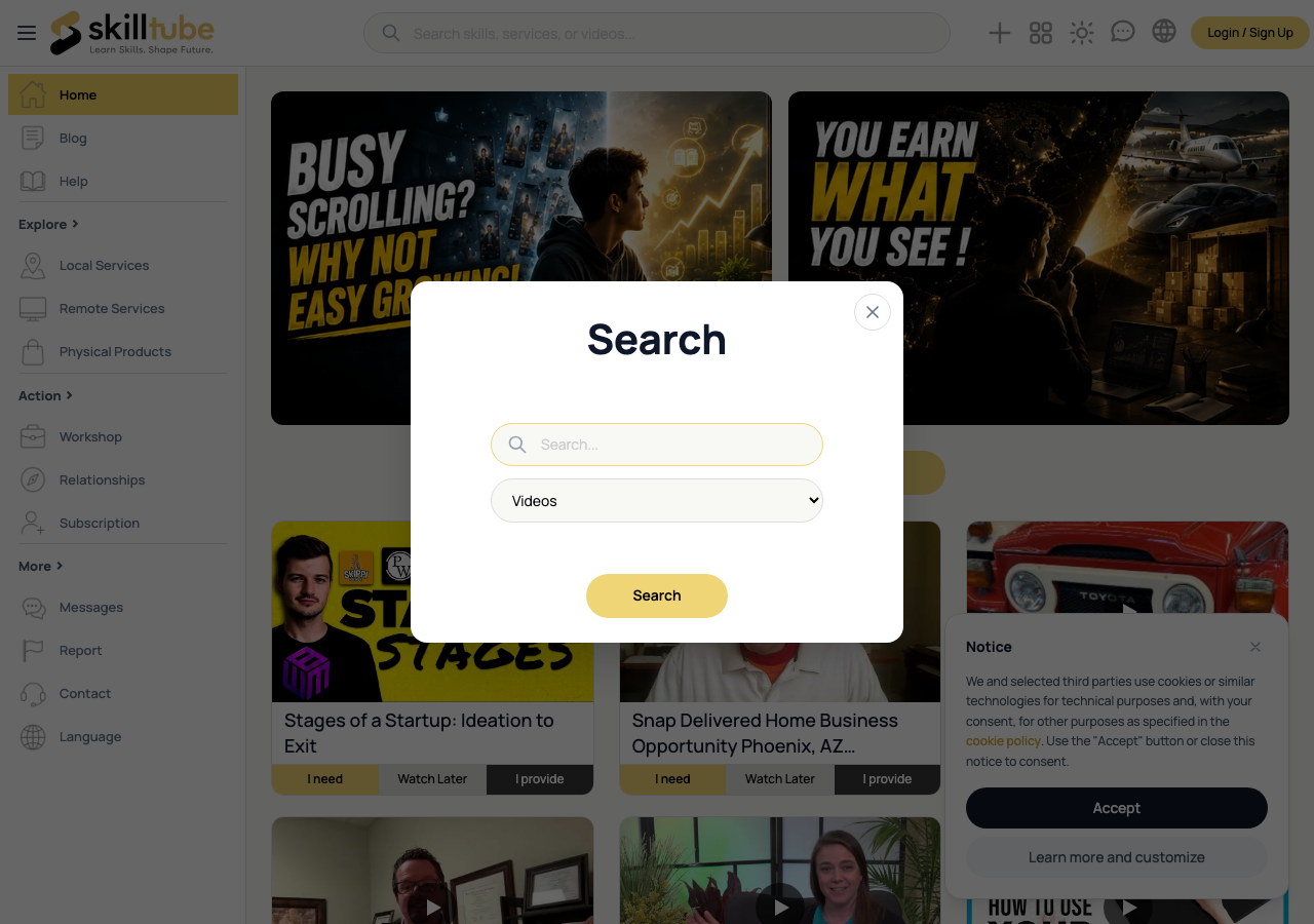 The Search panel opens from the header